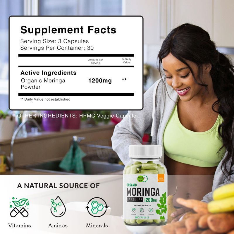 VitaHuma Organic Moringa, Nutrient-Dense Antioxidant Support with Vitamin C, A, E, Calcium, Potassium, Iron, Magnesium, Protein Amino Acids for Hydration Energy, Vegan, 1200 MG Per Serving, 90 CT