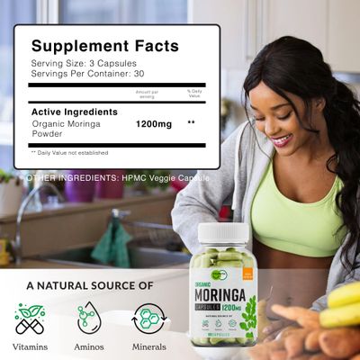 VitaHuma Organic Moringa, Nutrient-Dense Antioxidant Support with Vitamin C, A, E, Calcium, Potassium, Iron, Magnesium, Protein Amino Acids for Hydration Energy, Vegan, 1200 MG Per Serving, 90 CT