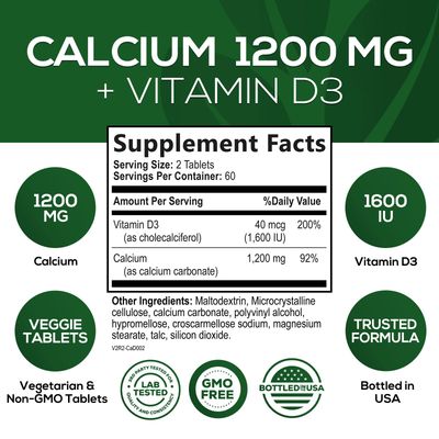 Calcium 1200 mg with Vitamin D3, Calcium Supplement Vitamins, Supports Bone Strength, Teeth Immune System, Calcium Supplements for Women Men, Nature's Absorbable Calcium Carbonate - 120 Tablets