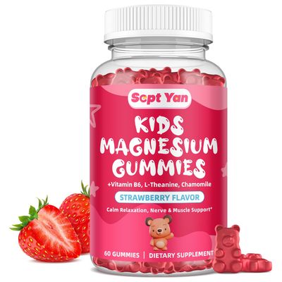 Magnesium Gummies for Kids - Magnesium Citrate Supplement with Vitamin B6, L-theanine, Chamomile Lemon Balm - Calm Magnesium for Kids Adults Sleep, Relaxation, Strawberry Flavor 60 Gummies