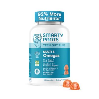 SmartyPants Teen Guy Multivitamin Gummies - Improved Formula: Omega 3 (DHAEPA), Vitamin D3, C, Vitamin B12, B6, A, K Zinc, Folate, Gluten Free, Fruit Flavor, 60 Count (30 Day Supply)