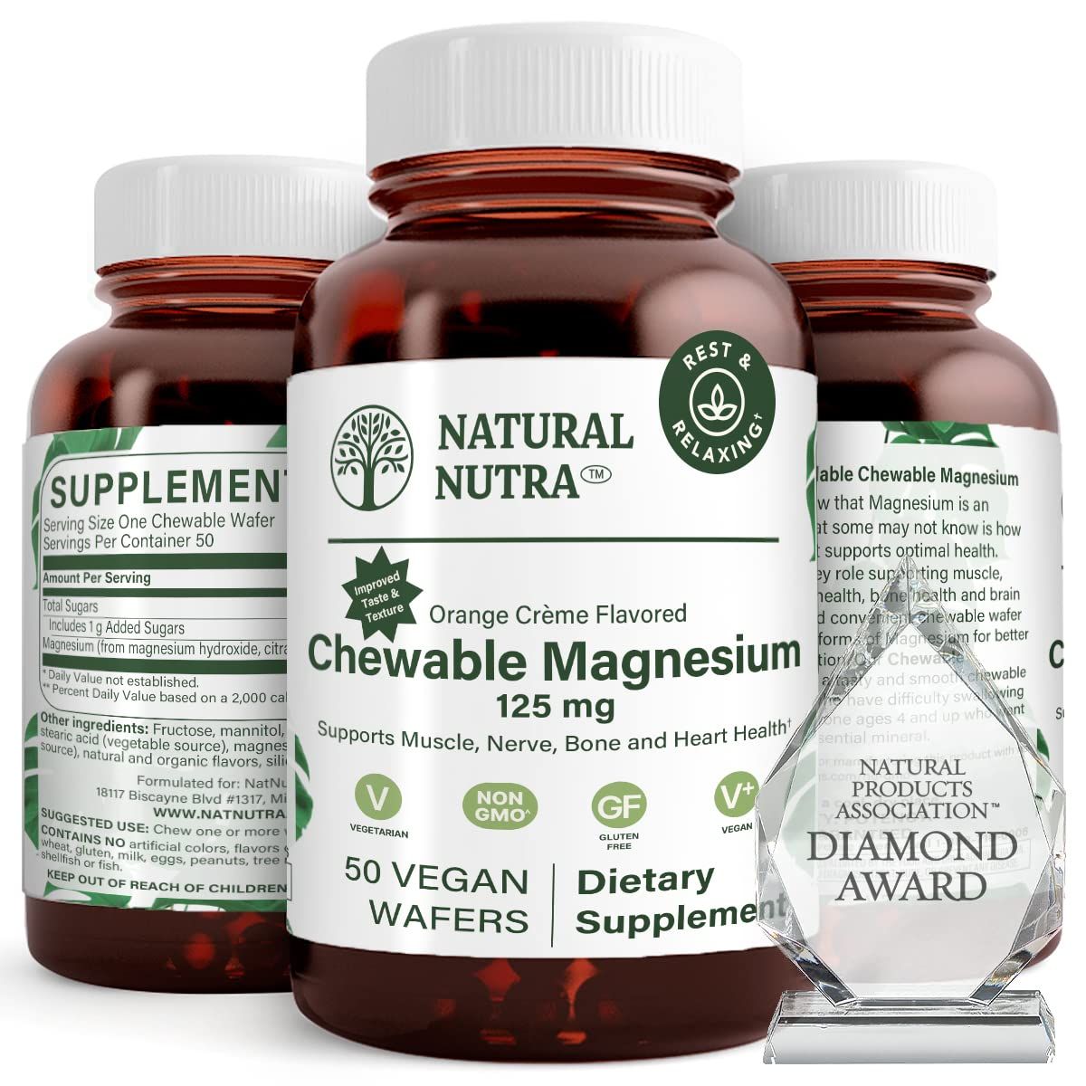 Natural Nutra Chewable Magnesium Supplement with Citrate and Chelate for Kids and Adults, Promotes Better Sleep, Best Pure Mag Chew for Muscle, Nerve, Bone, and Heart Health, 125mg, 50 Vegan Wafers