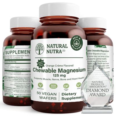 Natural Nutra Chewable Magnesium Supplement with Citrate and Chelate for Kids and Adults, Promotes Better Sleep, Best Pure Mag Chew for Muscle, Nerve, Bone, and Heart Health, 125mg, 50 Vegan Wafers