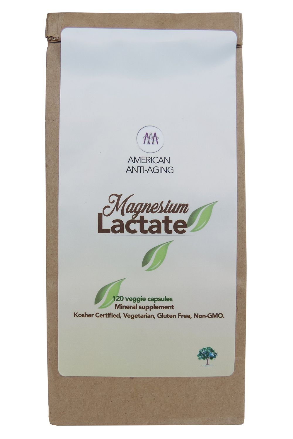 Magnesium Lactate 500 mg, 120 Easy to Swallow Small Vegetarian Capsules. Doctor formulated. High Absorption. Recycled Eco-Friendly Paper Bags for Original Purchases or Bottle Refills. Made in USA.