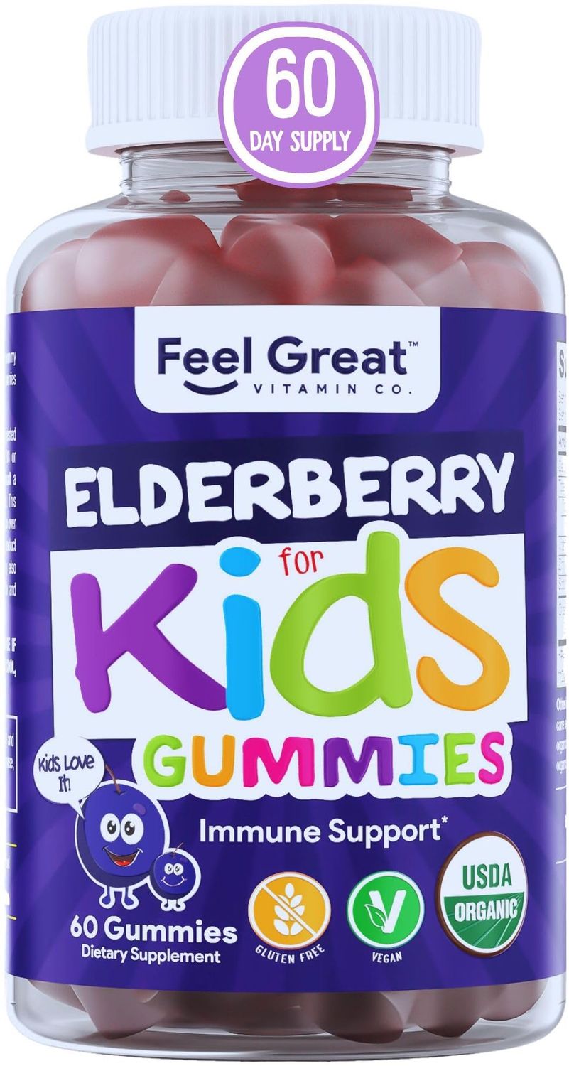 USDA Organic Elderberry Gummies for Kids Immune Support Elderberry with Zinc and Vitamin C - Gluten Free Vegan Children&#39;s Vitamins - 60 Count Sambucus Nigra Supplement