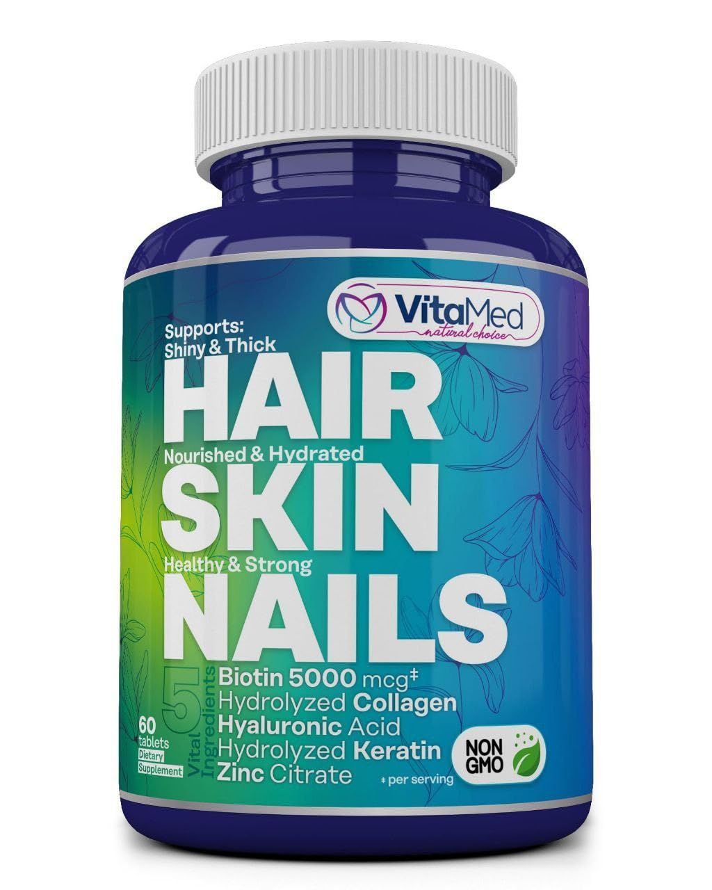 VitaMed Hair, Skin, and Nails Vitamins - Complete Formula with Biotin 5000mcg, Collagen, Zinc, Keratin, and Hyaluronic Acid for Hair Growth, Strong Nails, and Glowing Skin - 60 Tablets