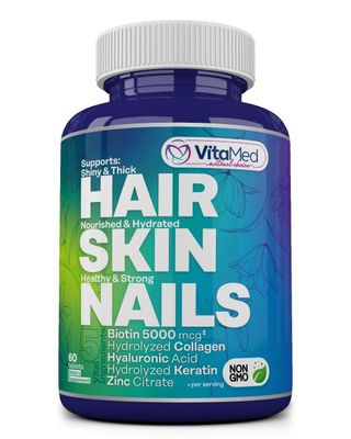 VitaMed Hair, Skin, and Nails Vitamins - Complete Formula with Biotin 5000mcg, Collagen, Zinc, Keratin, and Hyaluronic Acid for Hair Growth, Strong Nails, and Glowing Skin - 60 Tablets
