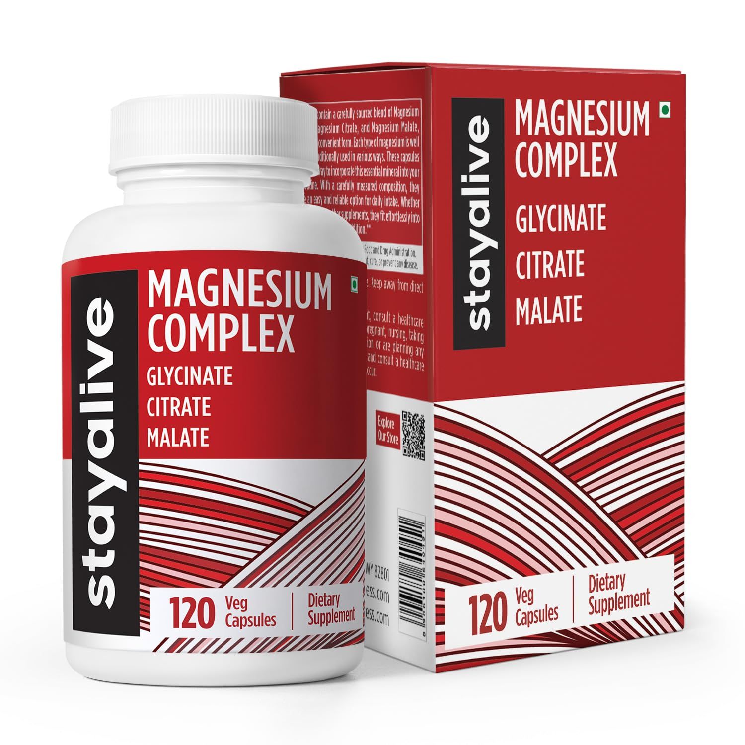 STAY ALIVE Triple Magnesium Complex Supplement 500mg, Chelated Glycinate, Citrate Malate Powder, High Absorption Magnesium for Women and Men, 120 Pills, Non-GMO Gluten-Free Capsules