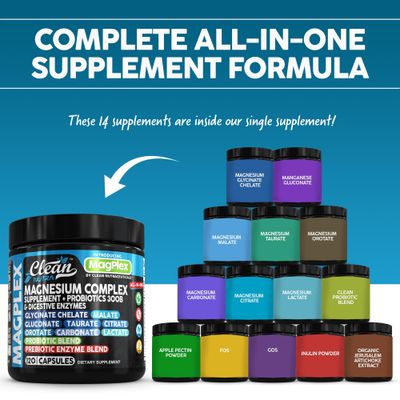 8in1 Magnesium Supplement Complex Magnesium Glycinate Citrate Malate Gluconate Orotate Carbonate Lactate Prebiotics Probiotics Digestive Enzymes Magnesio Capsules for Women Men by Clean Nutra