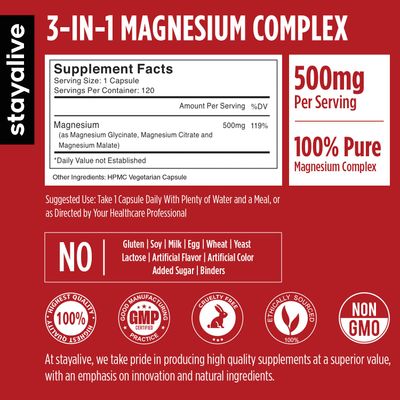 STAY ALIVE Triple Magnesium Complex Supplement 500mg, Chelated Glycinate, Citrate Malate Powder, High Absorption Magnesium for Women and Men, 120 Pills, Non-GMO Gluten-Free Capsules