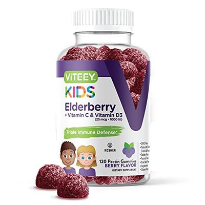 Sambucus Elderberry Gummies for Kids Immune Support Supplements with Vitamin D3 Vitamin C - 3-1 Immune Booster - Vegetarian, Gelatin Free, Gluten Free, GMO Free - Tasty Chewable Berry Flavored Gummy