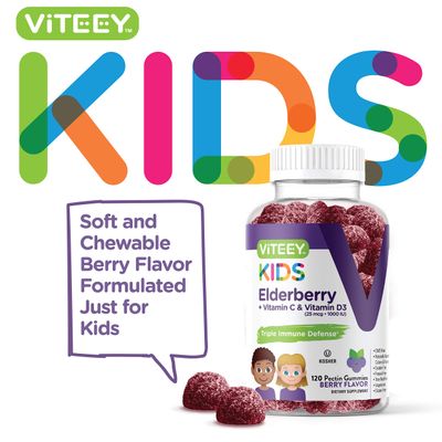 Sambucus Elderberry Gummies for Kids Immune Support Supplements with Vitamin D3 Vitamin C - 3-1 Immune Booster - Vegetarian, Gelatin Free, Gluten Free, GMO Free - Tasty Chewable Berry Flavored Gummy
