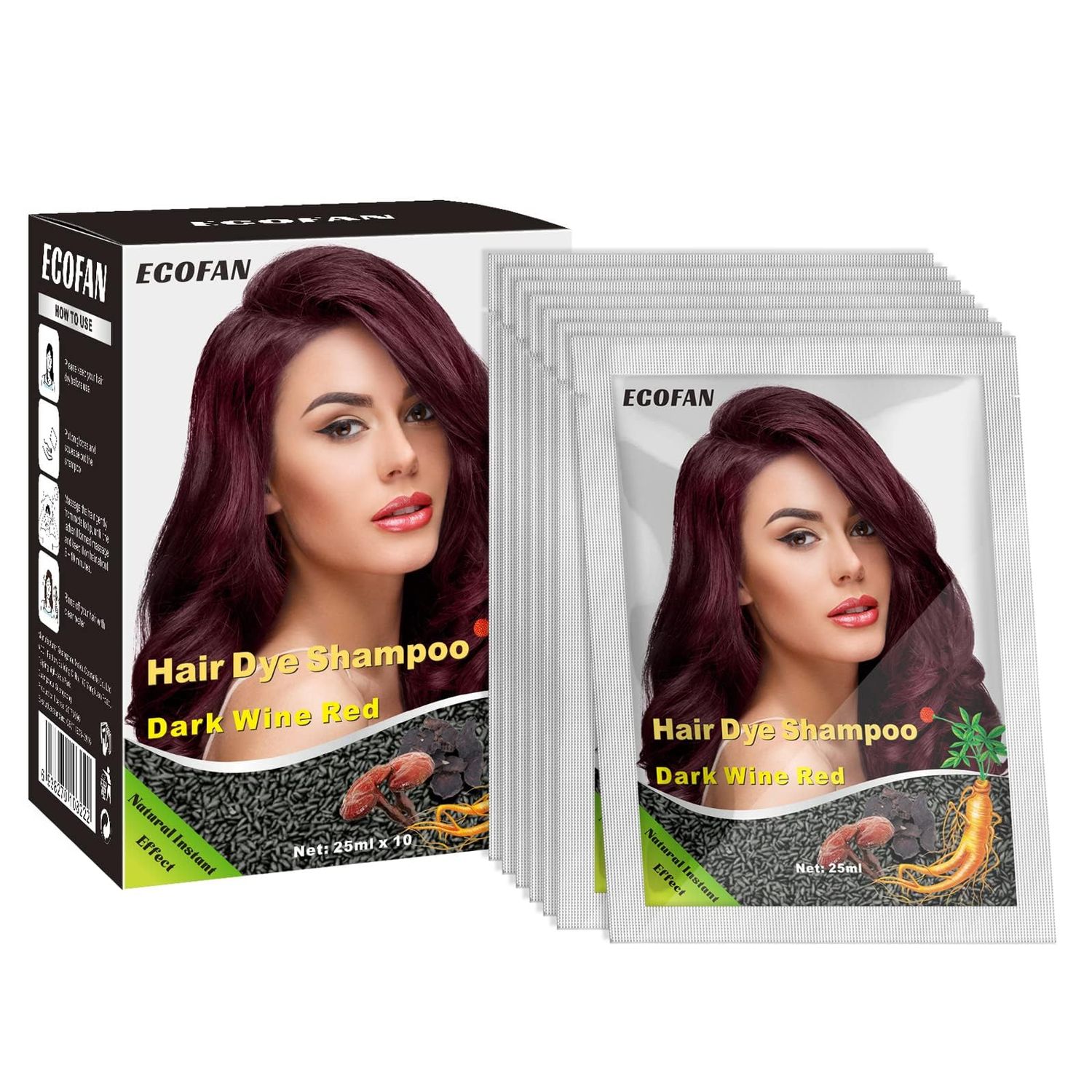 ECOFAN 10 PCS Dark Red Wine Hair Dye Shampoo 3 in 1, Natural Hair Color Shampoo, Semi-Permanent Instant Hair Dye for Men Women, Herbal Ingredients, 100 Grey Coverage, Lasts 31 Days