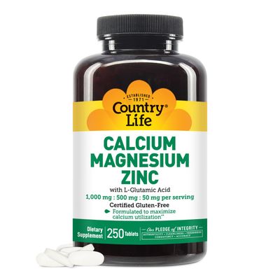 Country Life Calcium Magnesium Zinc with Vitamin D3 and L-Glutamic Acid, Dietary Supplement for Bone Support, Certified Gluten Free, 1000mg500mg50mg, 250 Tablets