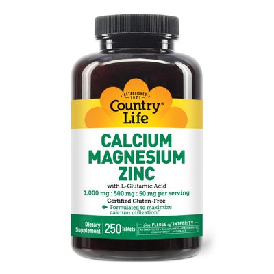 Country Life Calcium Magnesium Zinc with Vitamin D3 and L-Glutamic Acid, Dietary Supplement for Bone Support, Certified Gluten Free, 1000mg500mg50mg, 250 Tablets