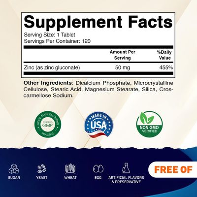 Vitamatic Zinc 50mg as Zinc Gluconate 120 Count - Immunity Supplement (Total 240 Tablets) - 2 Pack