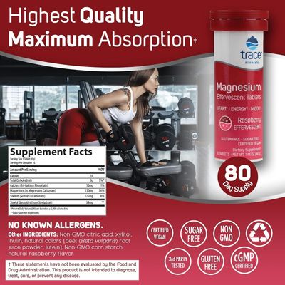 Trace Minerals Magnesium Effervescent - Healthy Heart Energy Support Supplement - Natural Magnesium Supplement to Aid Healthy Sleep - Gluten-Free Health Supplement - Raspberry, 8 Tubes (80 Servings)
