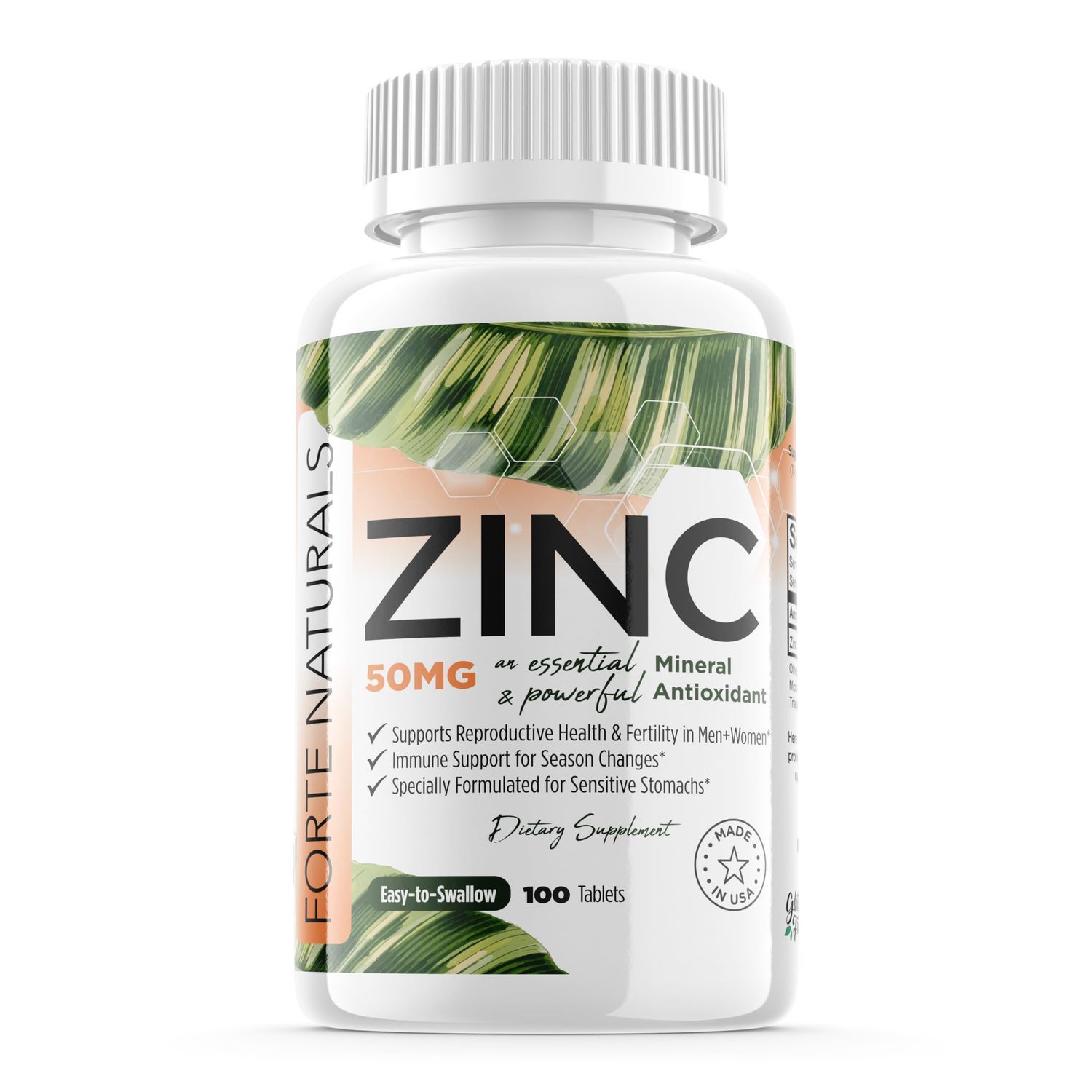 FORTE NATURALS Zinc 50mg, (100 Tablets), Specially Formulated for Sensitive Stomach, Immune Support, Skin Hair, Vegan Zinc Supplement, Non-GMO Made in USA