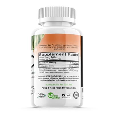 FORTE NATURALS Zinc 50mg, (100 Tablets), Specially Formulated for Sensitive Stomach, Immune Support, Skin Hair, Vegan Zinc Supplement, Non-GMO Made in USA