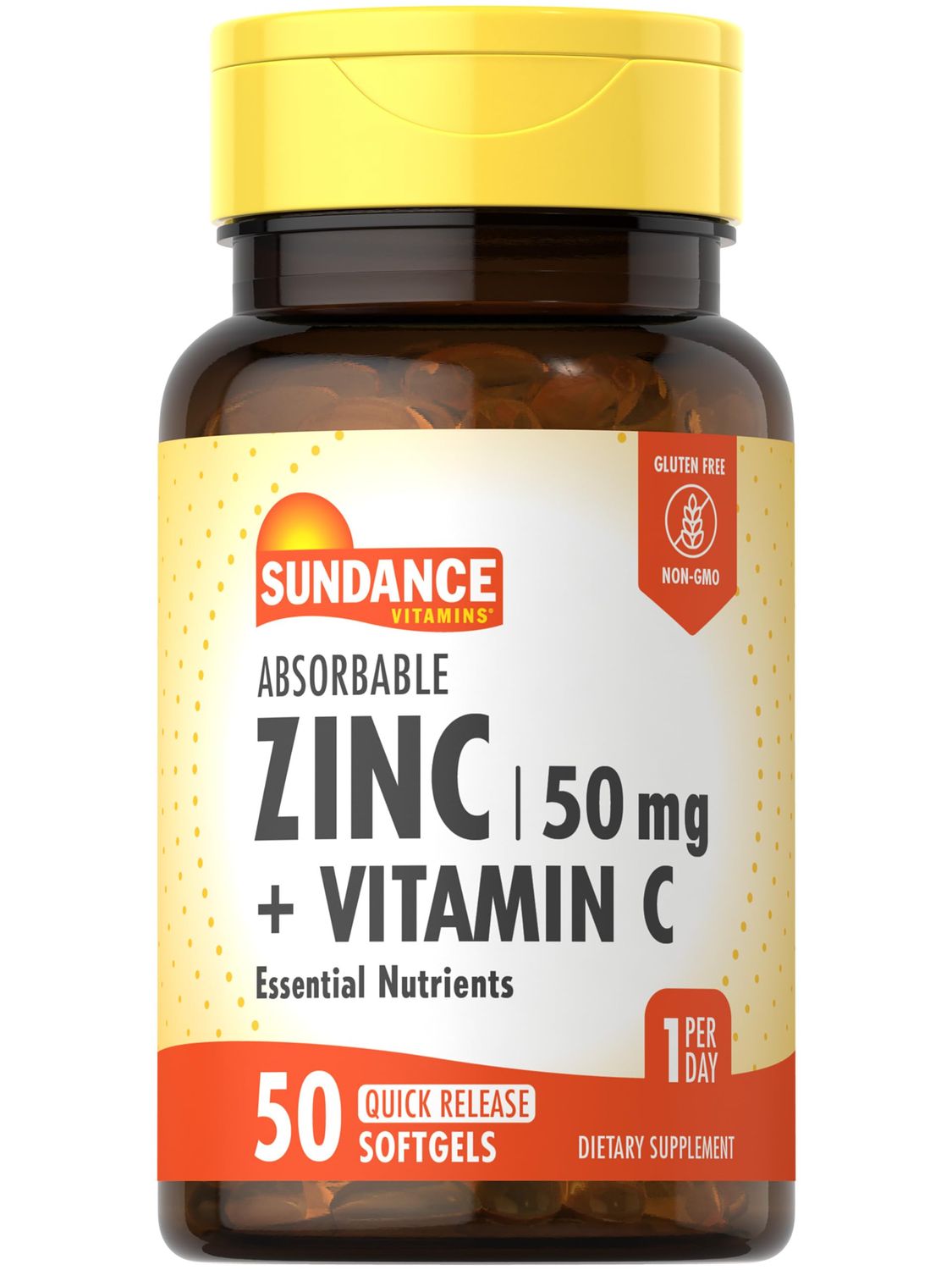 Sundance Absorbable Zinc with Vitamin C 50mg 50 Softgels Essential Nutrients Non-GMO and Gluten Free Supplement