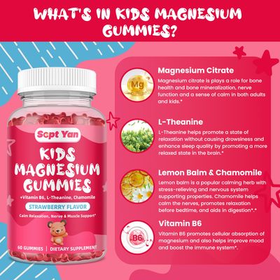 Magnesium Gummies for Kids - Magnesium Citrate Supplement with Vitamin B6, L-theanine, Chamomile Lemon Balm - Calm Magnesium for Kids Adults Sleep, Relaxation, Strawberry Flavor 60 Gummies