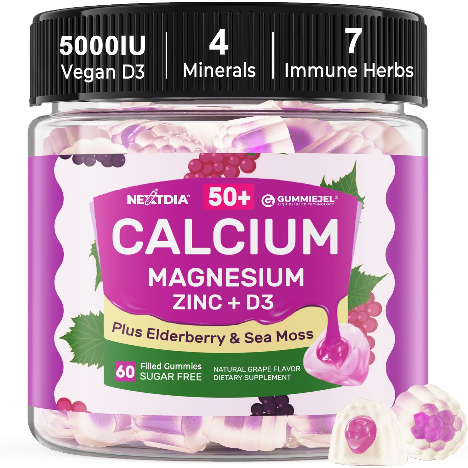 Calcium Citrate 1000 mg with Vitamin D3 5000IU Filled Gummies for Women Men 50 Over, Calcium Magnesium Zinc Complex wElderberry - High Absorption Calcium Chews for Bone, Muscle, Immune, Vegan 1Pack