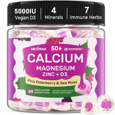 Calcium Citrate 1000 mg with Vitamin D3 5000IU Filled Gummies for Women Men 50 Over, Calcium Magnesium Zinc Complex wElderberry - High Absorption Calcium Chews for Bone, Muscle, Immune, Vegan 1Pack