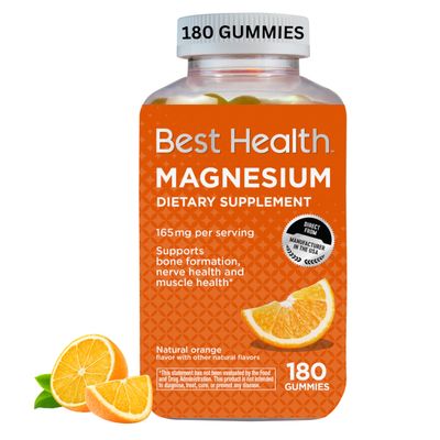 Best Health Magnesium Gummies, 165mg per Serving, Magnesium Supports Bone, Nerve and Muscle Health, Natural Orange Flavor with Other Natural Flavors (180ct)