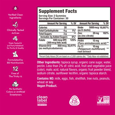 HUM Hair Strong - Daily Gummies with Biotin to Improve Hair Growth - Fo Ti, Folic Acid, Zinc, Vitamin B12 PABA to Support Healthy Hair, Skin and Nails for Women and Men (60-Count)