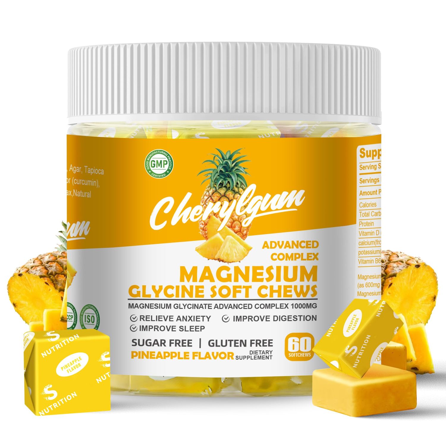 Magnesium Glycinate Soft Chews, Pineapple Flavor.Chewable Sugar Free Potassium Magnesium Chews with Magnesium Glycinate, Vitamin D, B6, and CoQ10 for Calm Support Sleep for Adults, 60 Days Supply