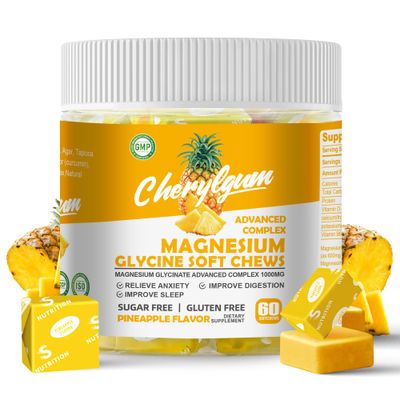Magnesium Glycinate Soft Chews, Pineapple Flavor.Chewable Sugar Free Potassium Magnesium Chews with Magnesium Glycinate, Vitamin D, B6, and CoQ10 for Calm Support Sleep for Adults, 60 Days Supply