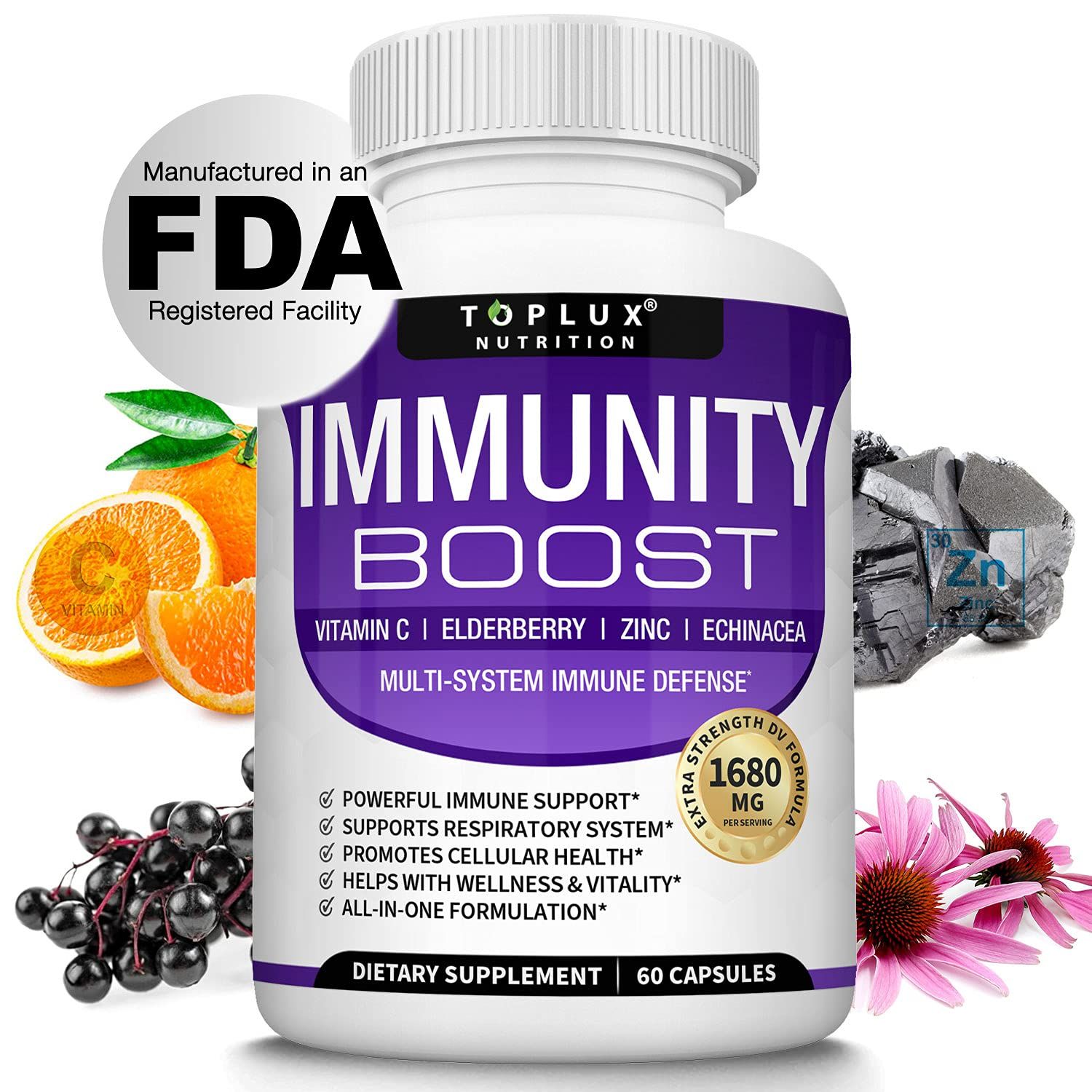Immunity Boost Immune Support Supplement 1650mg 10 in 1 Blend with Elderberry, Vitamin C, Zinc, Echinacea Probiotics for Immune System Defense, Support Healthy Respiratory System, 60 Capsules