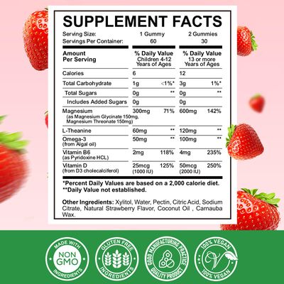 Magnesium Complex Gummies- Calm Chewable Gummies for Kids Adults- Magnesium Glycinate, Threonate Supplement-wOmega-3, Vitamin B6, D3- Support Calm Stress Relief, Bones, Mood Vegan, 60 Gummies