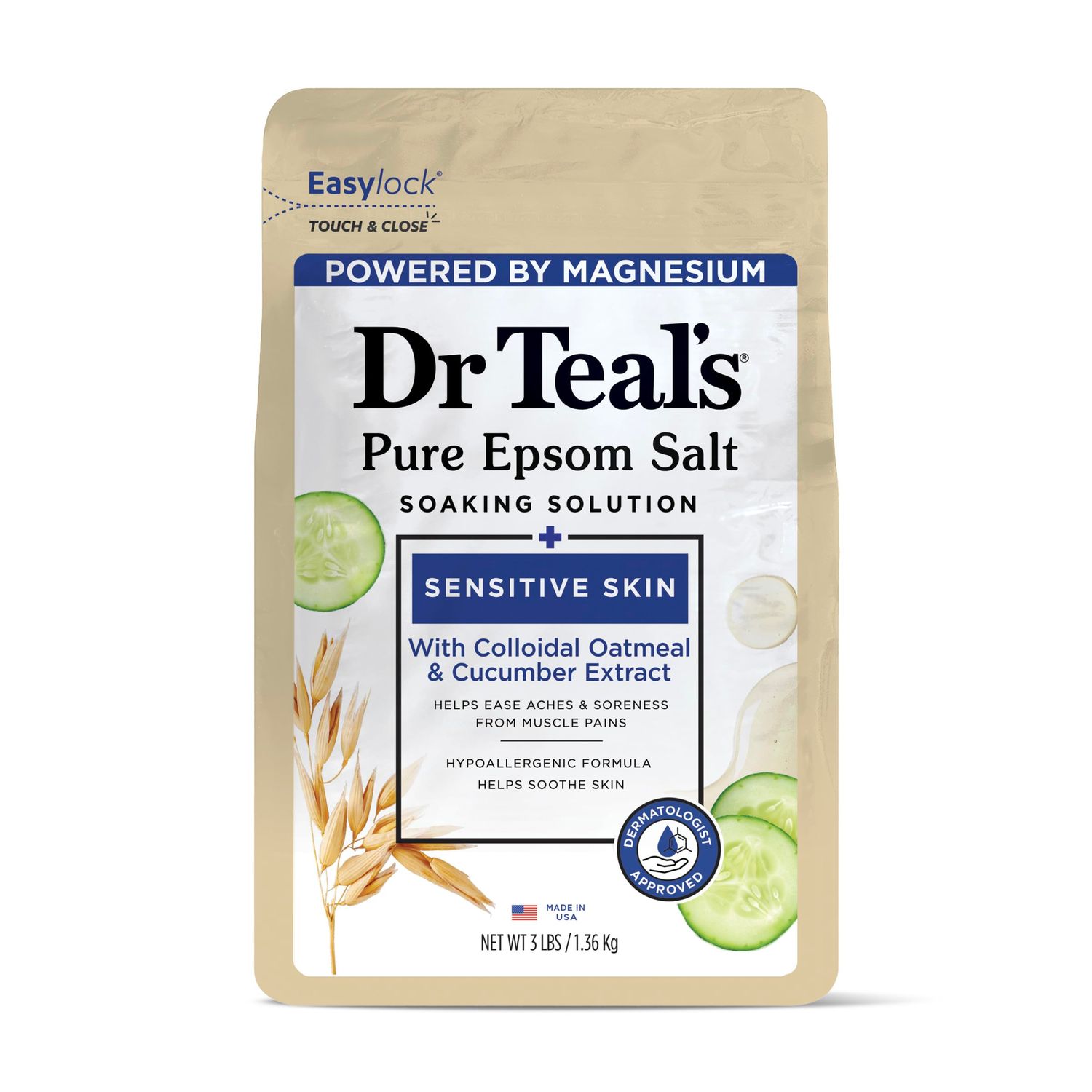 Dr Teal&#39;s Epsom Salt Magnesium Soak, Sensitive Skin with Colloidal Oatmeal Cucumber Extract, 3 lbs