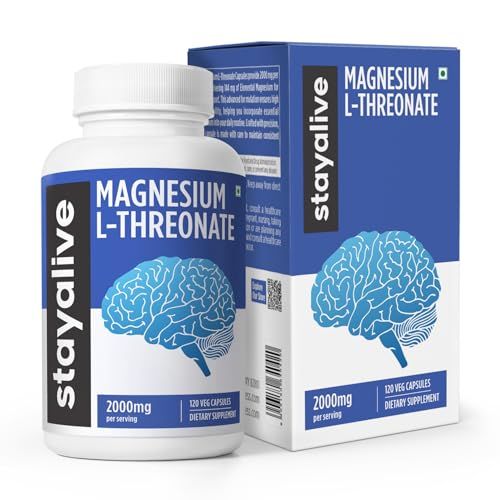 STAY ALIVE Pure Magnesium L-Threonate Supplement 2000mg, Chelated, High Absorption, 120 Capsules wElemental Magnesium Powder, Non-GMO Gluten Free L-Threonate Complex for Women and Men