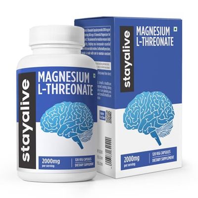 STAY ALIVE Pure Magnesium L-Threonate Supplement 2000mg, Chelated, High Absorption, 120 Capsules wElemental Magnesium Powder, Non-GMO Gluten Free L-Threonate Complex for Women and Men