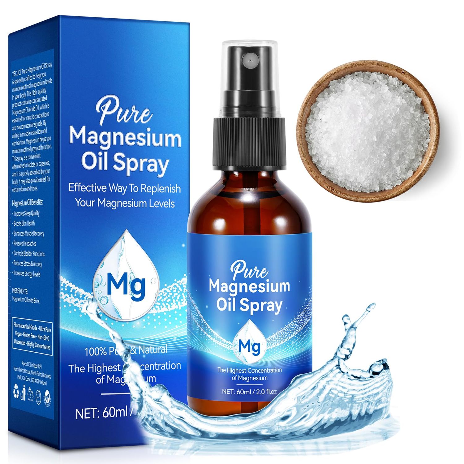 Magnesium Oil Spray, Pure Magnesium Oil for Feet,100 Natural Organic Magnesium Spray Glass Bottle, Easy to Absorb Use, Topical Magnesium Spray (2 Fl Oz, Pack of 1)