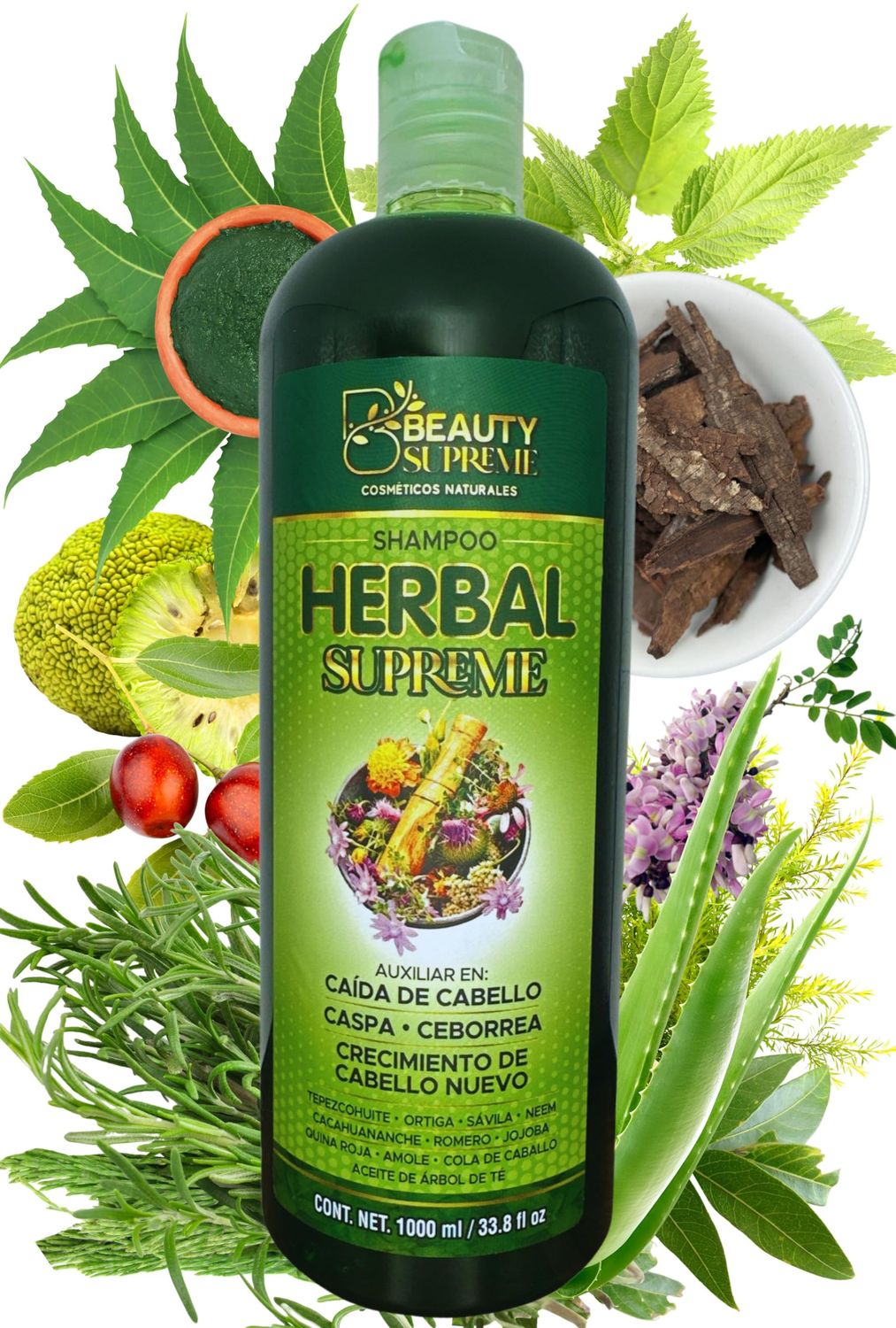 HERBAL Supreme Shampoo 33.8 fl oz Cacahuananche, Rosemary, Aloe, Neem, Horsetail, Nettle, Tepezcohuite Natural Herbs (Cacahuananche, Romero, Savila, Neem, Cola caballo, Ortiga, Tepezcohuite)