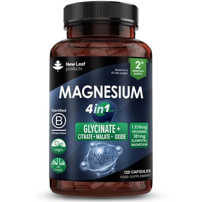 Magnesium Glycinate 4-in-1 Complex 2000mg - 449mg Elemental Magnesium High Strength Magnesium Supplements - Magnesium Bisglycinate,Citrate, Malate, Oxide - 120 Capsules - Vegan UK Made by New Leaf
