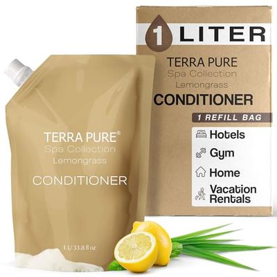 Terra Pure Spa Collection 1 Liter Conditioner Refill Bag For Soap Dispensers Bulk Toiletries for Vacation Rentals, and Home Bathroom Showers Green Tea Lemongrass Single