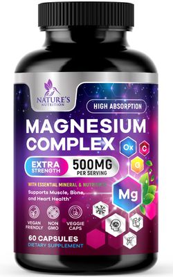 Magnesium Complex Supplement 500 mg - 5 in 1 High Absorption Chelated Magnesium Glycinate, Malate, Citrate, Oxide, Aquamin - Non-GMO Magnesio Capsules, Bone Muscle Heart Health Support, 60 Capsules