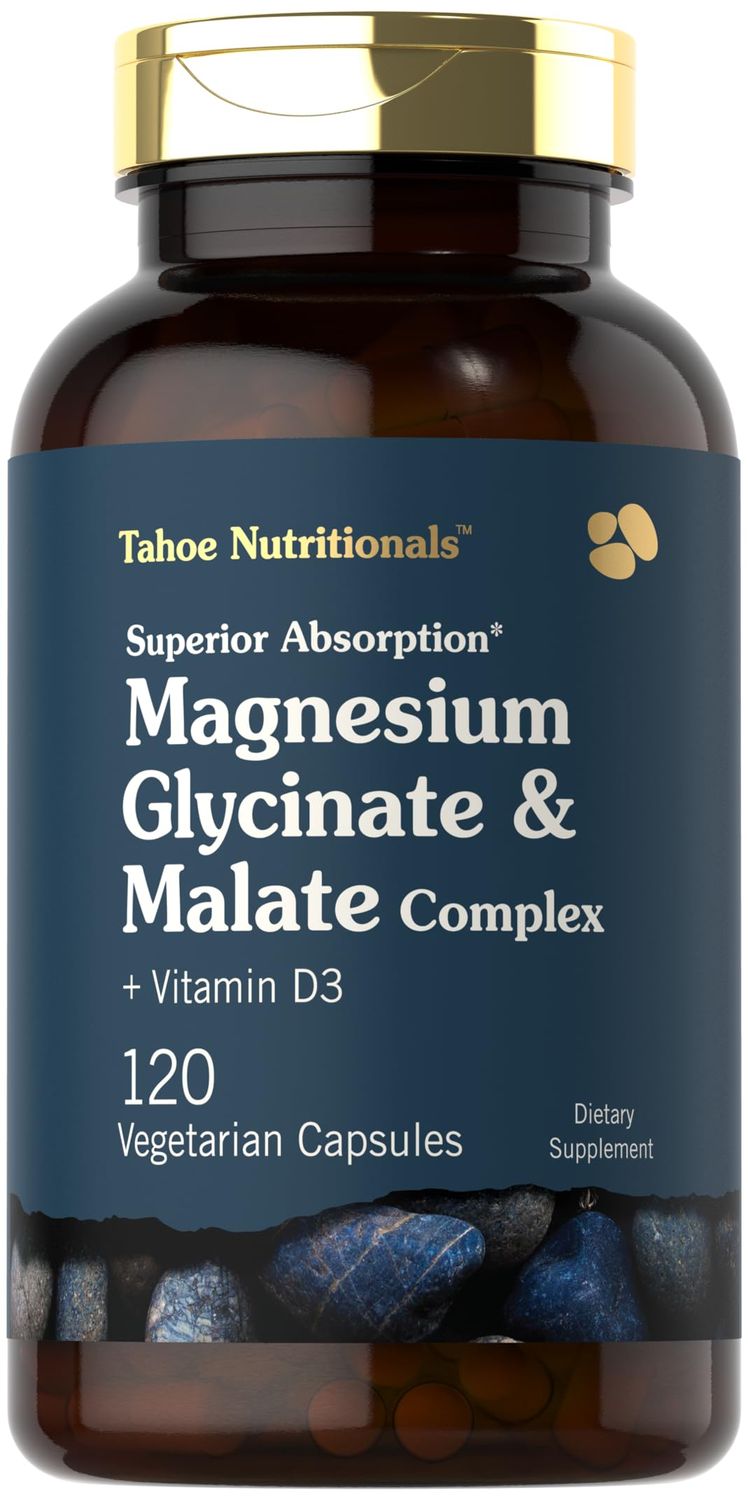 Tahoe Nutritionals Magnesium Glycinate and Malate Complex with Vitamin D3 120 Capsules Superior Absorption Non-GMO and Gluten Free Formula