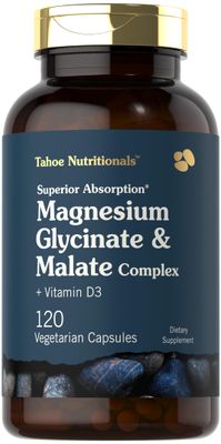 Tahoe Nutritionals Magnesium Glycinate and Malate Complex with Vitamin D3 120 Capsules Superior Absorption Non-GMO and Gluten Free Formula