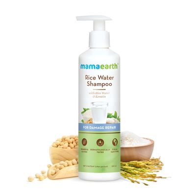 MAMAEARTH Rice Water Shampoo with Keratin for Damage Repair Reduces Split Ends Breakage Adds Volume to Thin Hair Sulfate-Free Hair Care 8.45 Fl Oz (250ml)