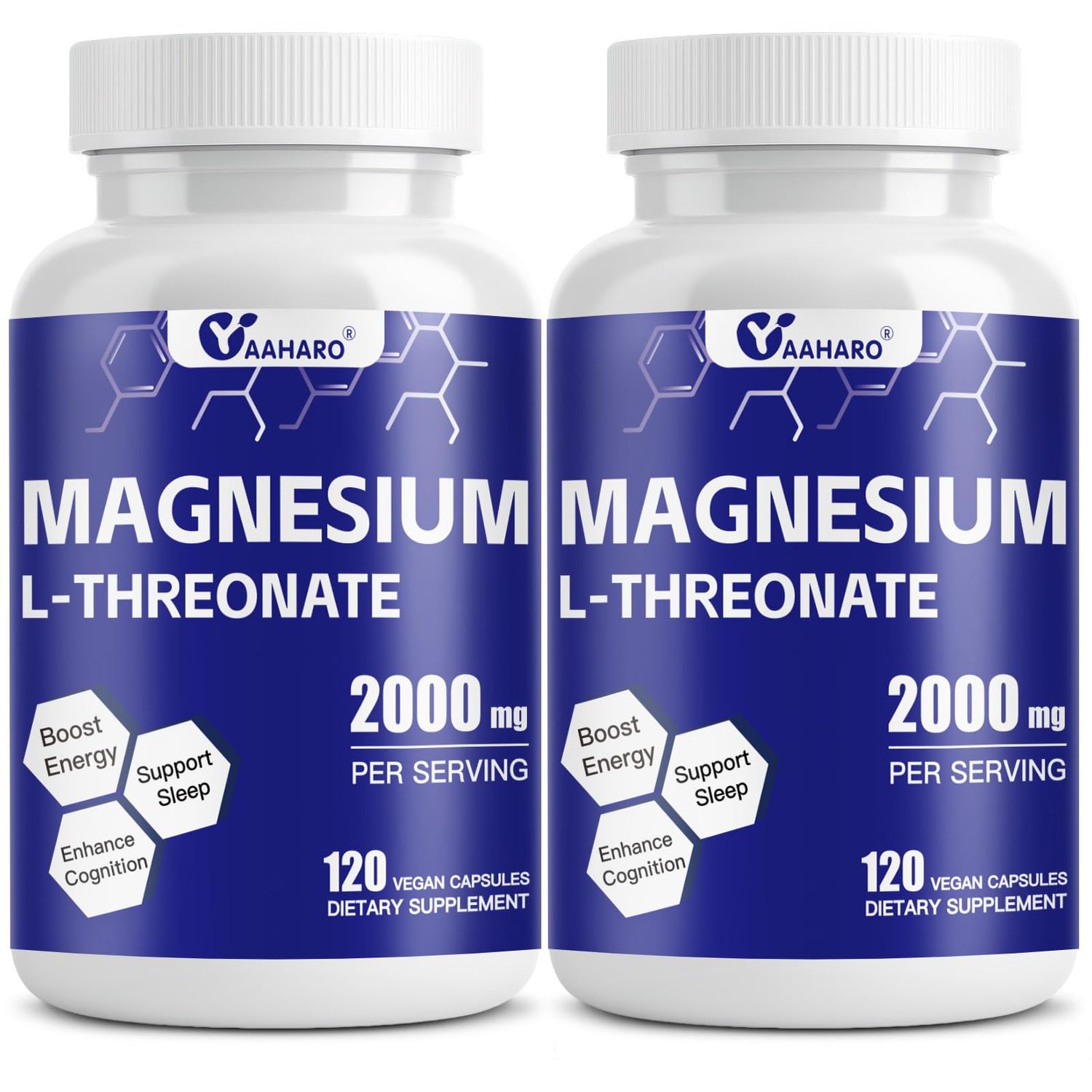 (2 Pack) Magnesium L-Threonate 120 Capsules - 2000 mg Magnesium Threonate - High Absorption Magnesium Supplements for Sleep, Cognition and Energy Support - Non-GMO, Gluten Free, Vegetarian