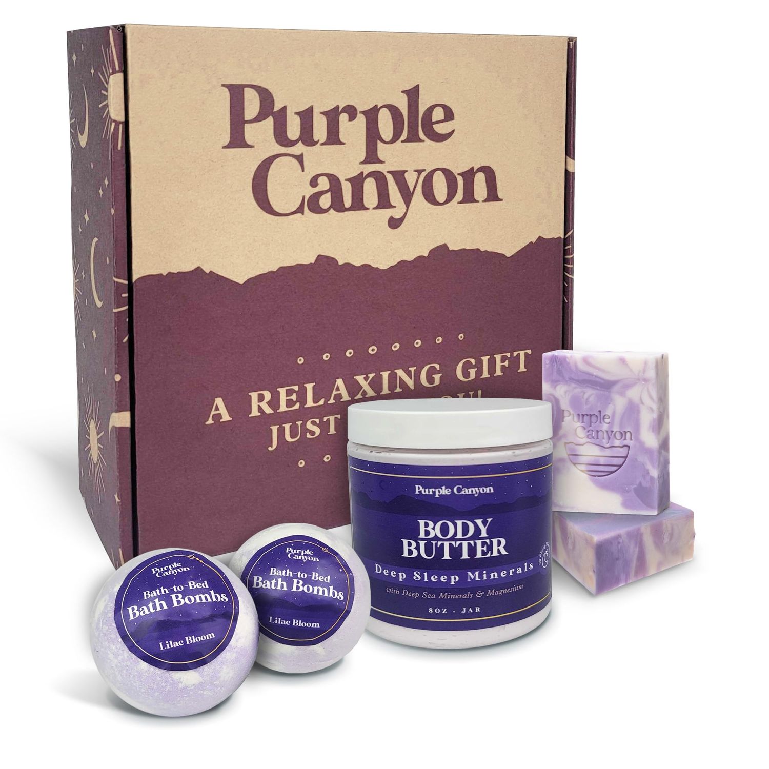 Purple Canyon 6 Piece Lavender Bath-to-Bed Gift Box Bath Bombs, Soap, and Body Butter Infused with Magnesium and Deep Sea Minerals Self-Care Products for Rest and Relaxation