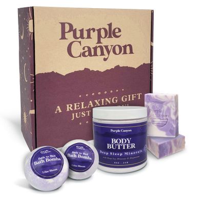 Purple Canyon 6 Piece Lavender Bath-to-Bed Gift Box Bath Bombs, Soap, and Body Butter Infused with Magnesium and Deep Sea Minerals Self-Care Products for Rest and Relaxation