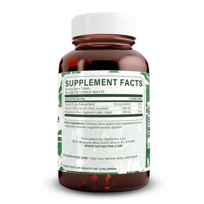 Natural Nutra Cal-Mag Citrate with Vitamin D3,1000500 mg Complex, Strengthen Bone Density, Muscle and Nerve Health, Help Maintain Healthy Teeth, Highly Bioavailable Sources, 250 Vegan Tablets