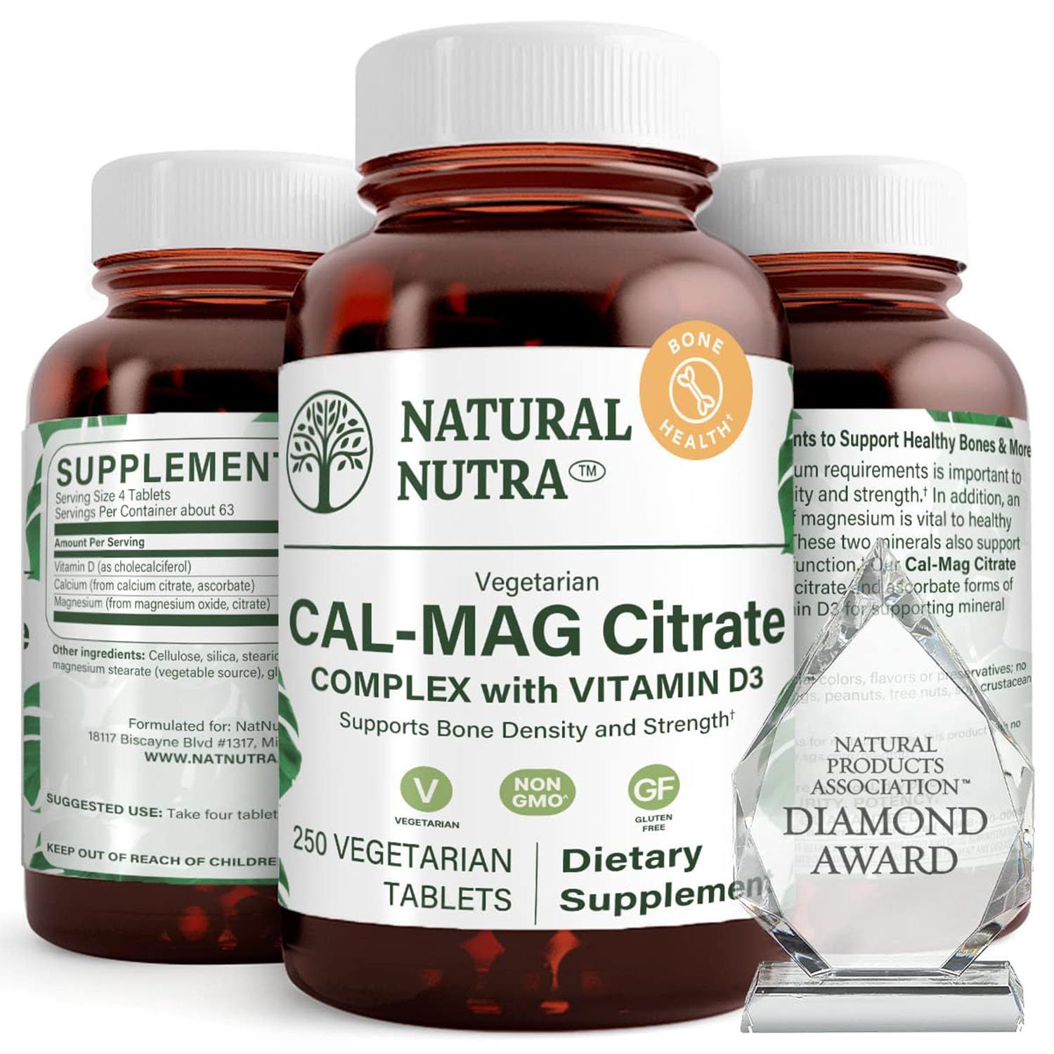 Natural Nutra Cal-Mag Citrate with Vitamin D3,1000500 mg Complex, Strengthen Bone Density, Muscle and Nerve Health, Help Maintain Healthy Teeth, Highly Bioavailable Sources, 250 Vegan Tablets