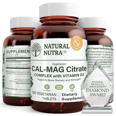 Natural Nutra Cal-Mag Citrate with Vitamin D3,1000500 mg Complex, Strengthen Bone Density, Muscle and Nerve Health, Help Maintain Healthy Teeth, Highly Bioavailable Sources, 250 Vegan Tablets